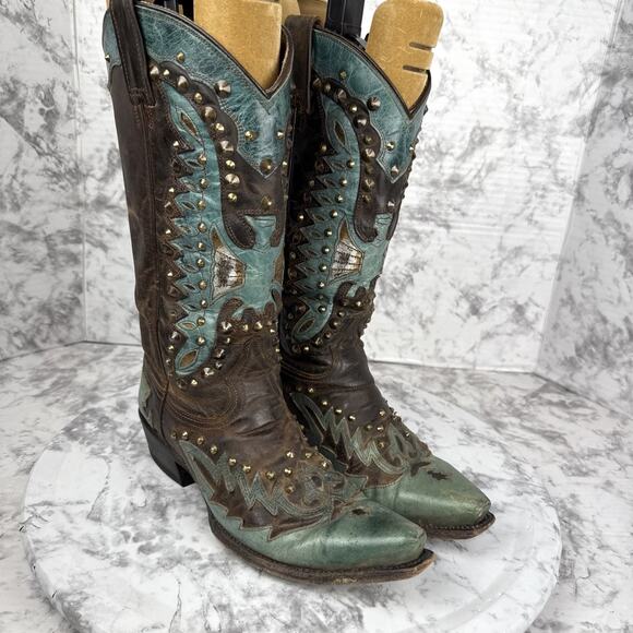Stetson Thunderbird Studded Eagle Boot Size 7.5 Western Brown Turquoise Leather - Picture 1 of 11